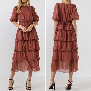 English Factory Clip Dot Tiered Midi Dress Small Mauve‎ Fairycore Cottagecore S